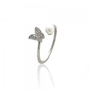 Anel borboleta e perola prateado com zirconia - TI0262BA - Tiamo semijoias