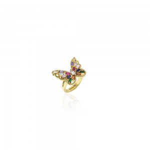Anel dourado borboleta com zirconia colorida - TI0613MSX - Tiamo Semijoias