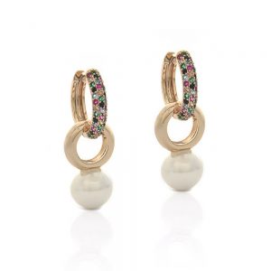 BRINCO ARGOLA DOURADA COM PEROLA E ZIRCONIA COLORIDA - TI0124BA - TIAMO SEMIJOIAS