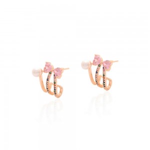 Brinco dourado laço rosa perola e zirconia colorida - TI0449MSX - Tiamo semijoias