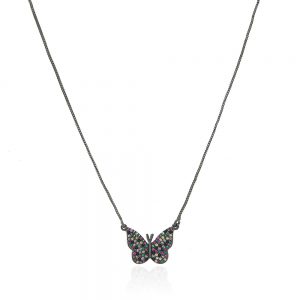 Colar borboleta grafite com zirconia colorida - TI0187BA - Tiamo semijoias