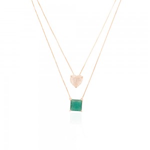 Colar dourado duplo com pedra fusion Verde e pingente coraçao - TI0381MSX - Tiamo Semijoias