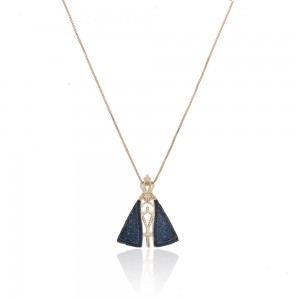 Colar nossa senhora dourado 2 lados zirconia azul e cristal - TI0041BA - Tiamo semijoias